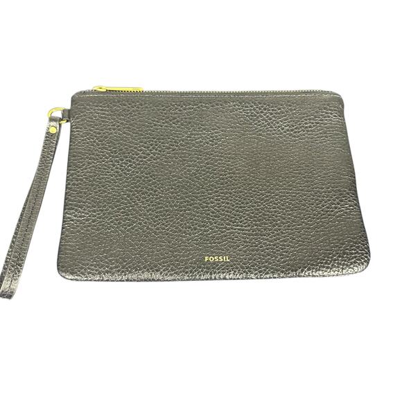 Fossil Black Pebbled Leather Wristlet Clutch Zip Pouch with Strap minimalist - Picture 1 of 6